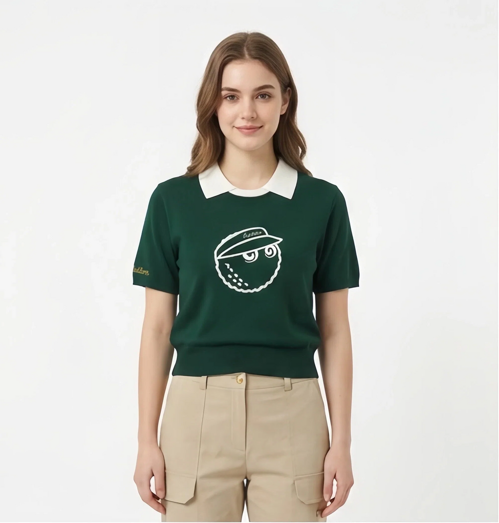 Malbon Women Golf Polo Shirt Knit Casual Tee 2025 Dark Green logo and trim detail 다크 그린 골프 의류 로고와 마감 디테일