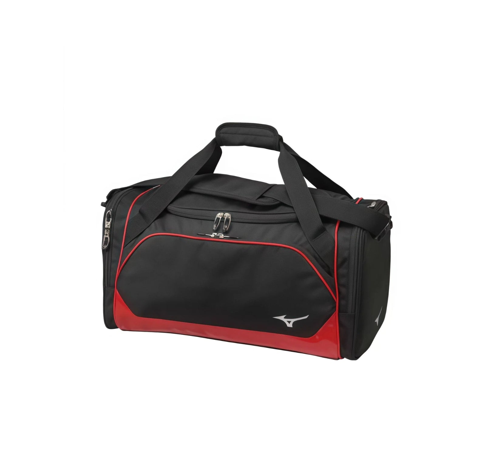 Black Mizuno Team duffel bag with red-piped front pocket and red base panel, padded carry handles and silver Runbird logo