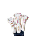 White Honma golf headcover set with red and gold lacquer cherry blossom motif on driver, fairway and hybrid covers