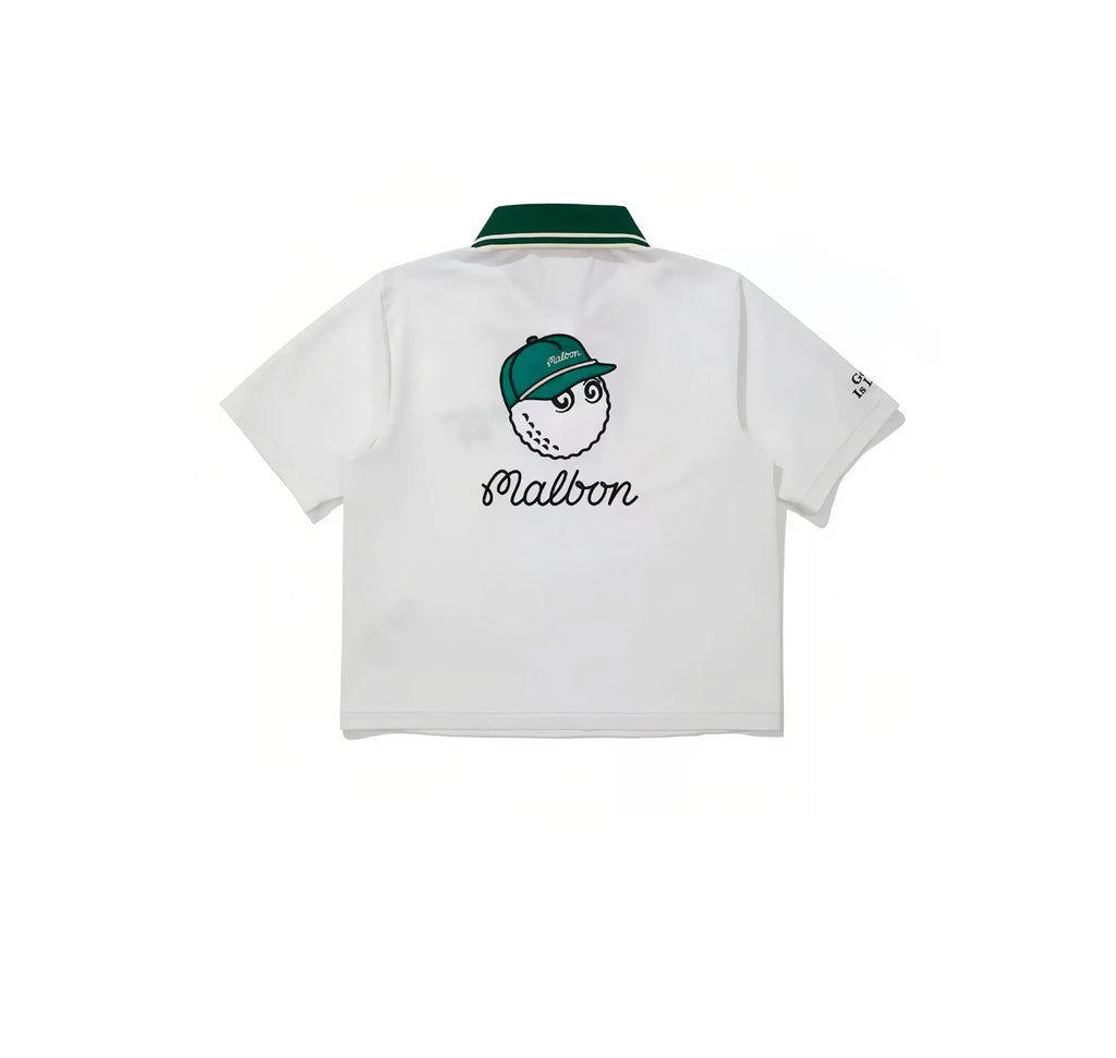 Malbon women golf polo shirt in white back view with golf ball mascot