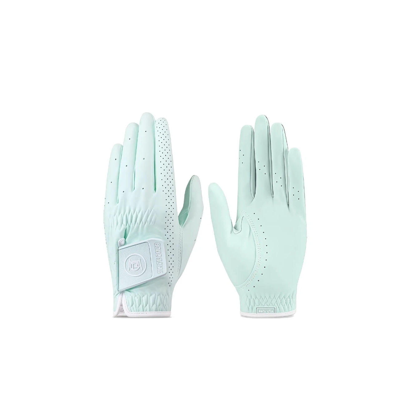 Pair of mint green women's nano golf gloves with white trim, perforated fingers and embossed logo closure tab