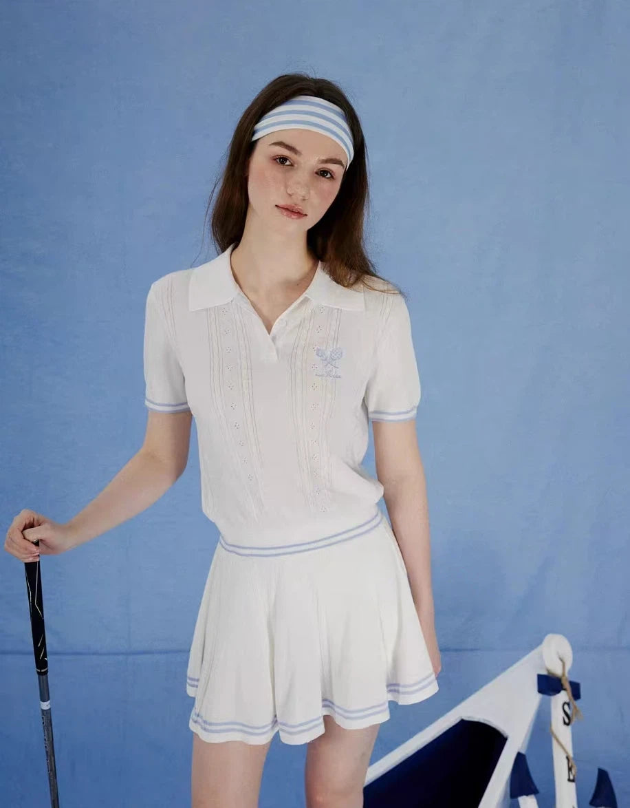 NowRose White golf polo and skirt full outfit on model