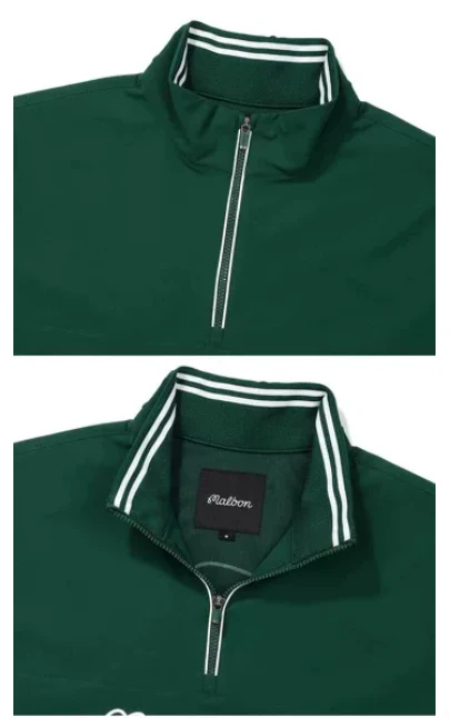 Malbon Men Golf Half Zip Stand Collar Shirt Summer Sport Tee Green collar and logo detail 그린 골프 의류 카라와 로고 디테일