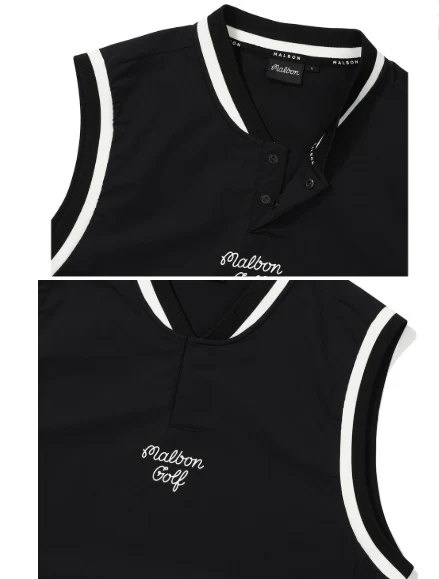 Malbon Men's Golf Vest - Casual Sport Sleeveless Outerwear Black collar and logo detail 블랙 골프 의류 카라와 로고 디테일