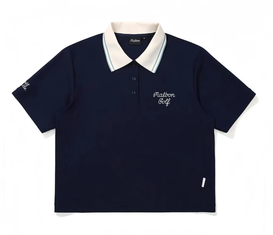 Malbon Women Golf Polo Shirt Casual Sports Collar Tee Navy Blue front view 네이비 블루 골프 의류 정면