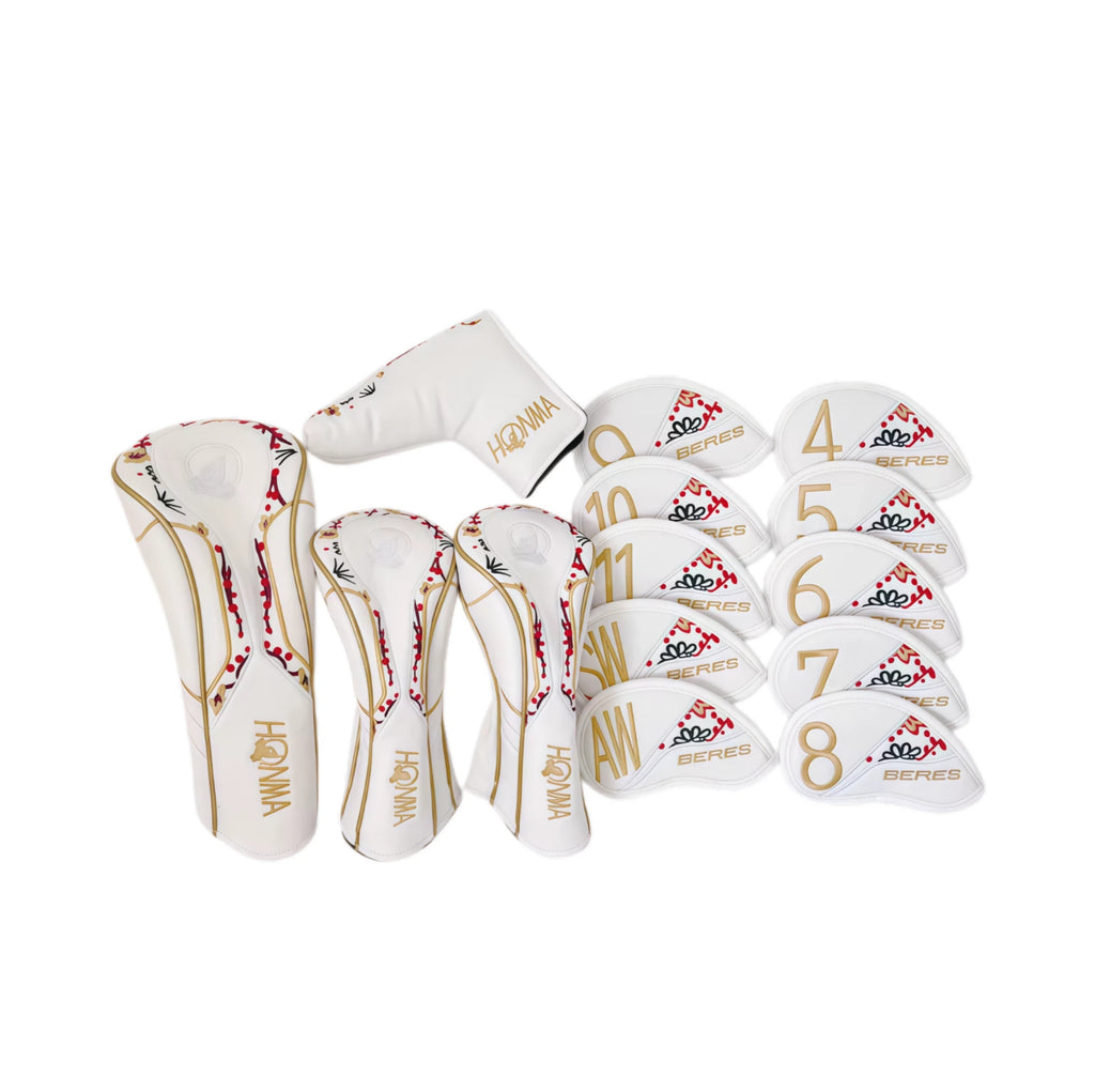 Honma golf headcover set in white with cherry blossom lacquer art, driver, woods, blade putter and BERES iron covers
