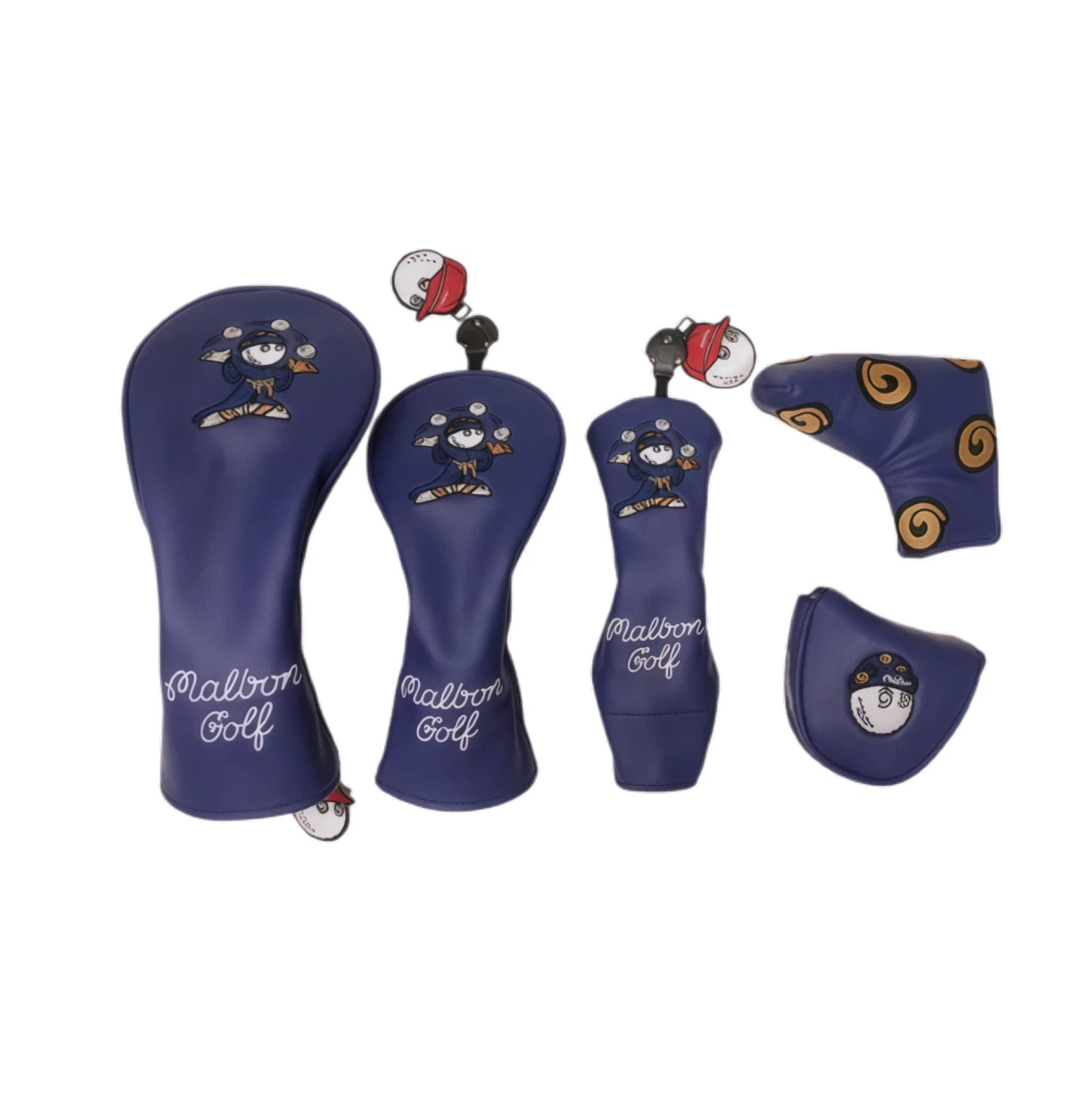 Navy blue Malbon Golf wizard headcover set with juggling mascot, gold swirl putter cover and red cap smiley accessories