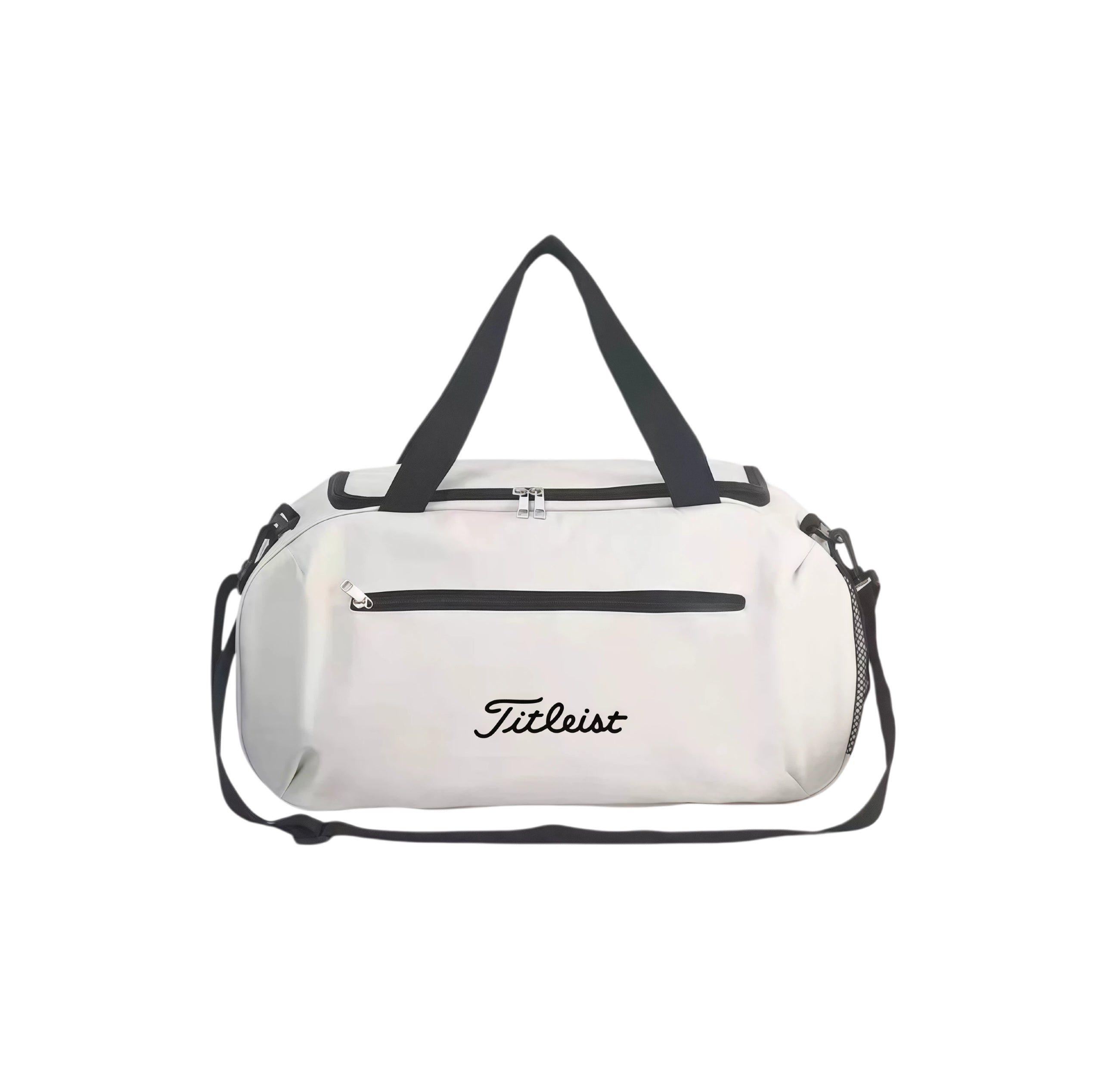 White Titleist Core golf boston bag with black handles, side mesh bottle pocket and black embroidered Titleist script, front view