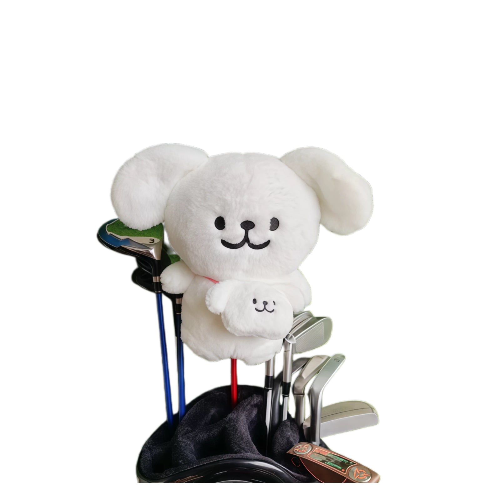 White puppy golf driver headcover with floppy ears and tiny puppy hand-puppet accent on the front paw