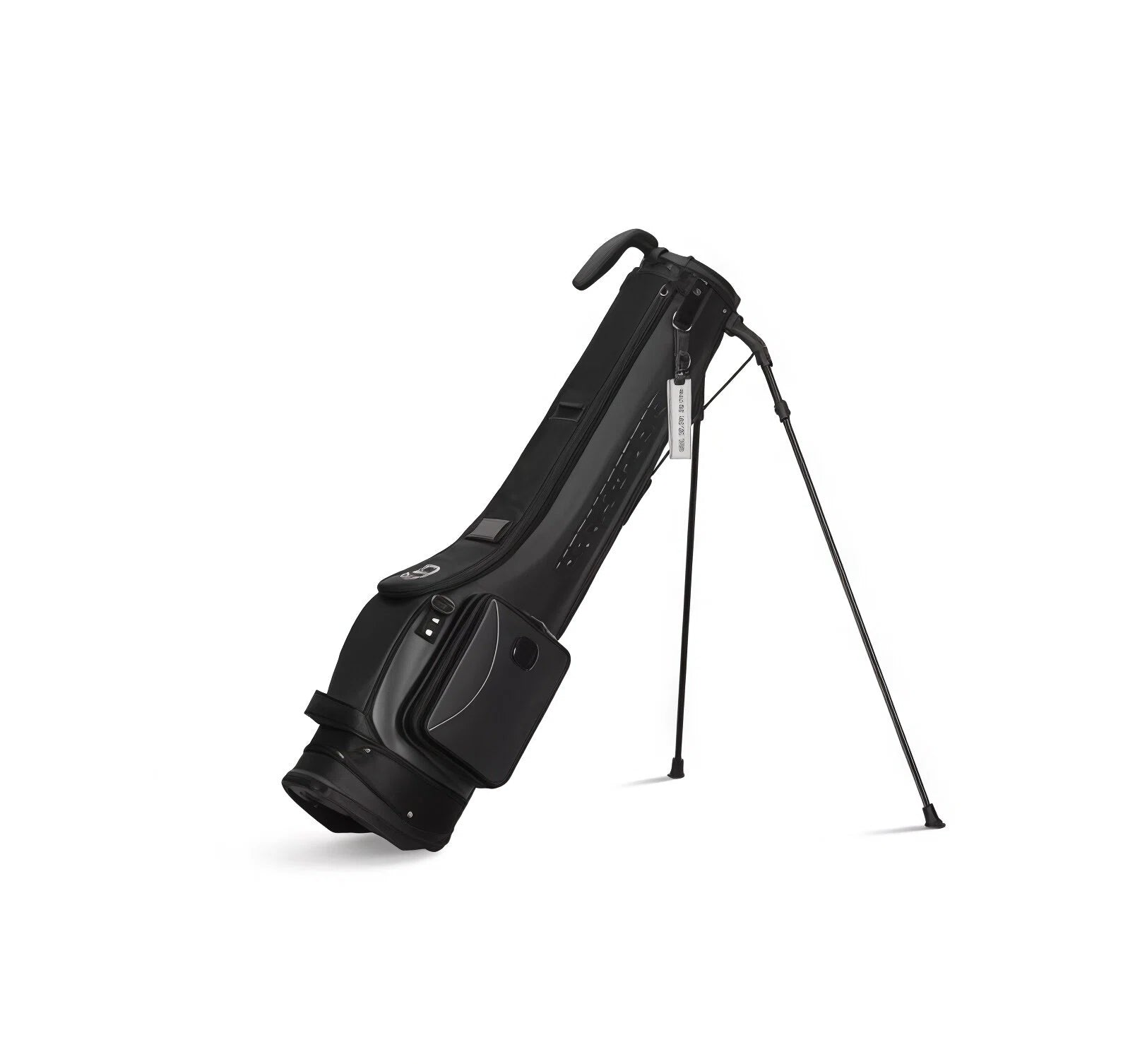 Black HELIX B-Series golf stand bag on tripod legs with hangtag, padded carry handle and front zipped accessory pocket