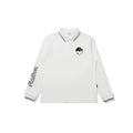 Malbon Men's Long-Sleeve Golf Polo Shirt in white — front flat lay with buckethead chest patch and Malbon sleeve embroidery