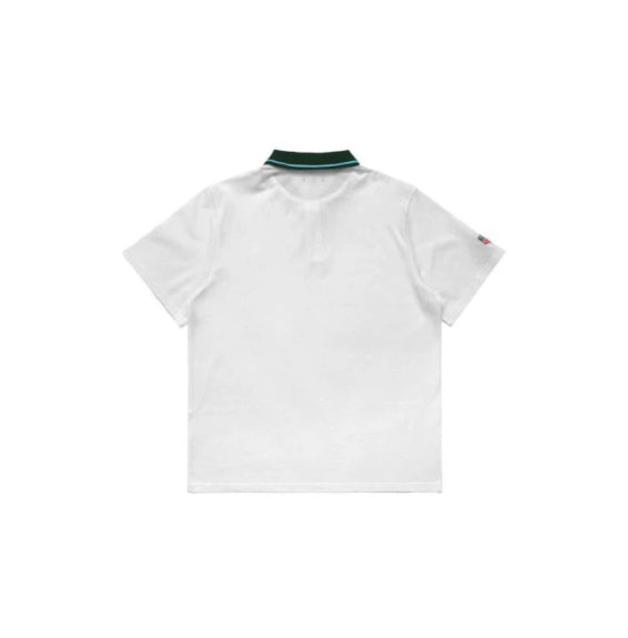 White polo shirt with green accents on a white background#White