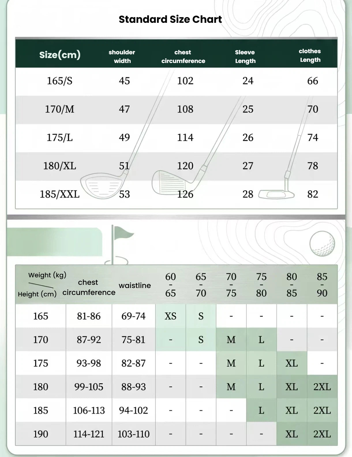 Forden White golf top size chart