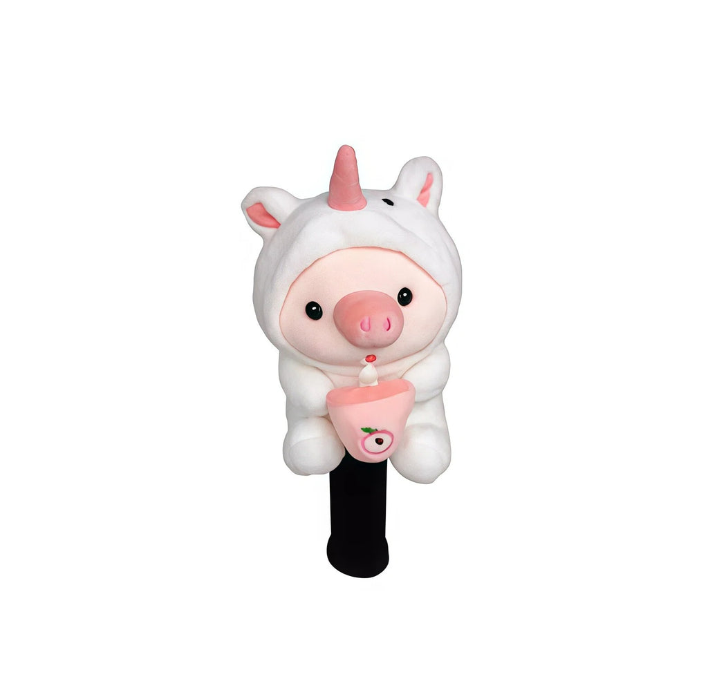 White unicorn-hooded cartoon pig golf hybrid headcover holding a pink lychee bubble tea cup, black knit sleeve below
