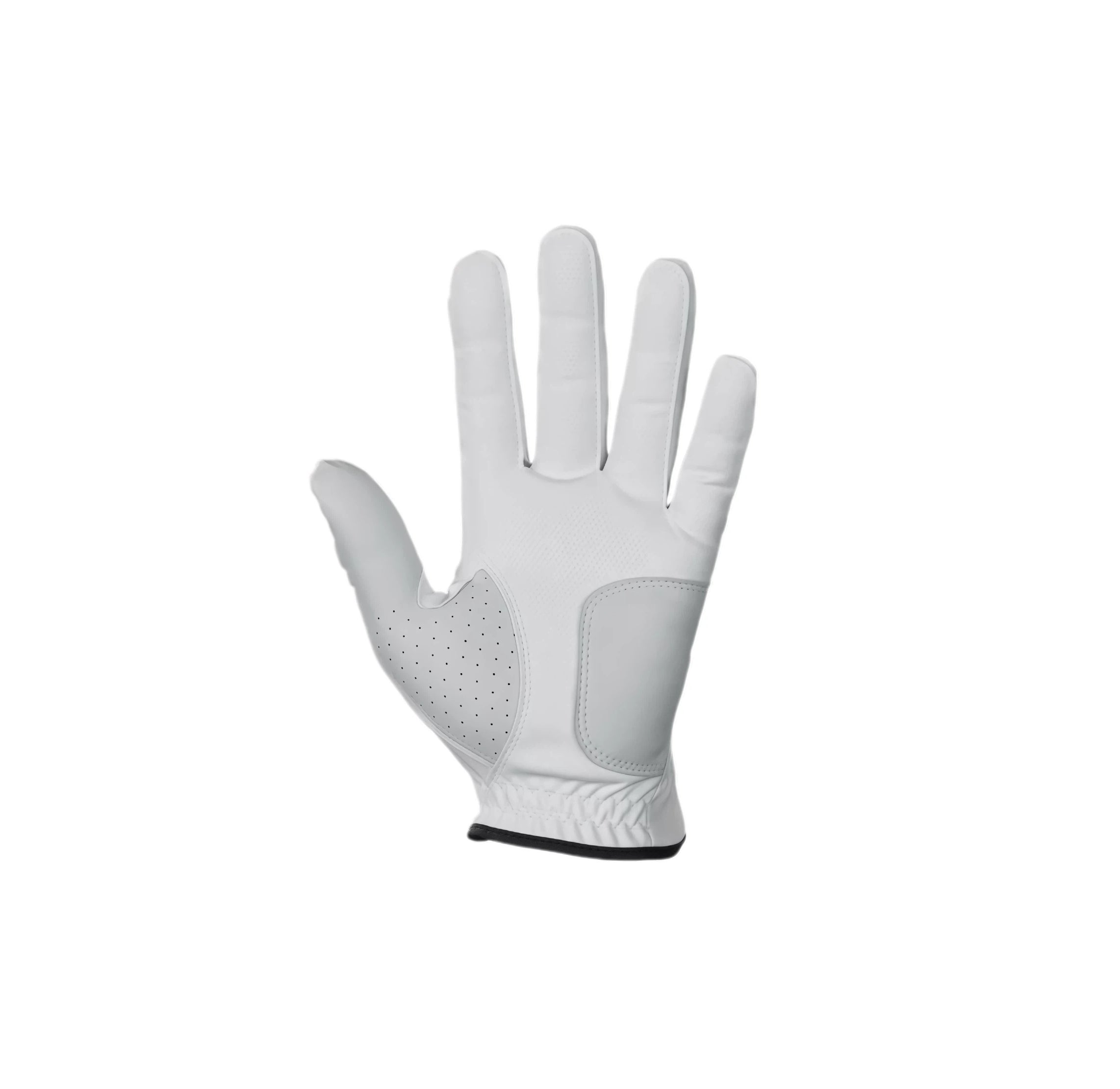 White Srixon left-hand men's golf glove, palm view showing perforated thumb panel and elasticated cuff