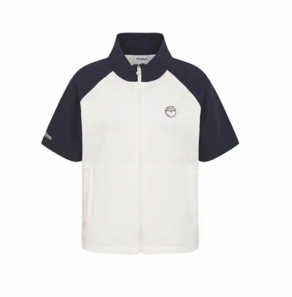 Malbon Golf Women’s Quick-Dry Stand 칼라 스포츠 탑 네이비 블루 and 화이트 전면 이미지