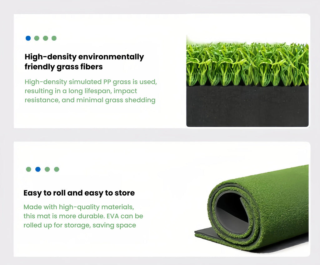 Thick golf practice mat top-down view of dense PP nylon fairway turf