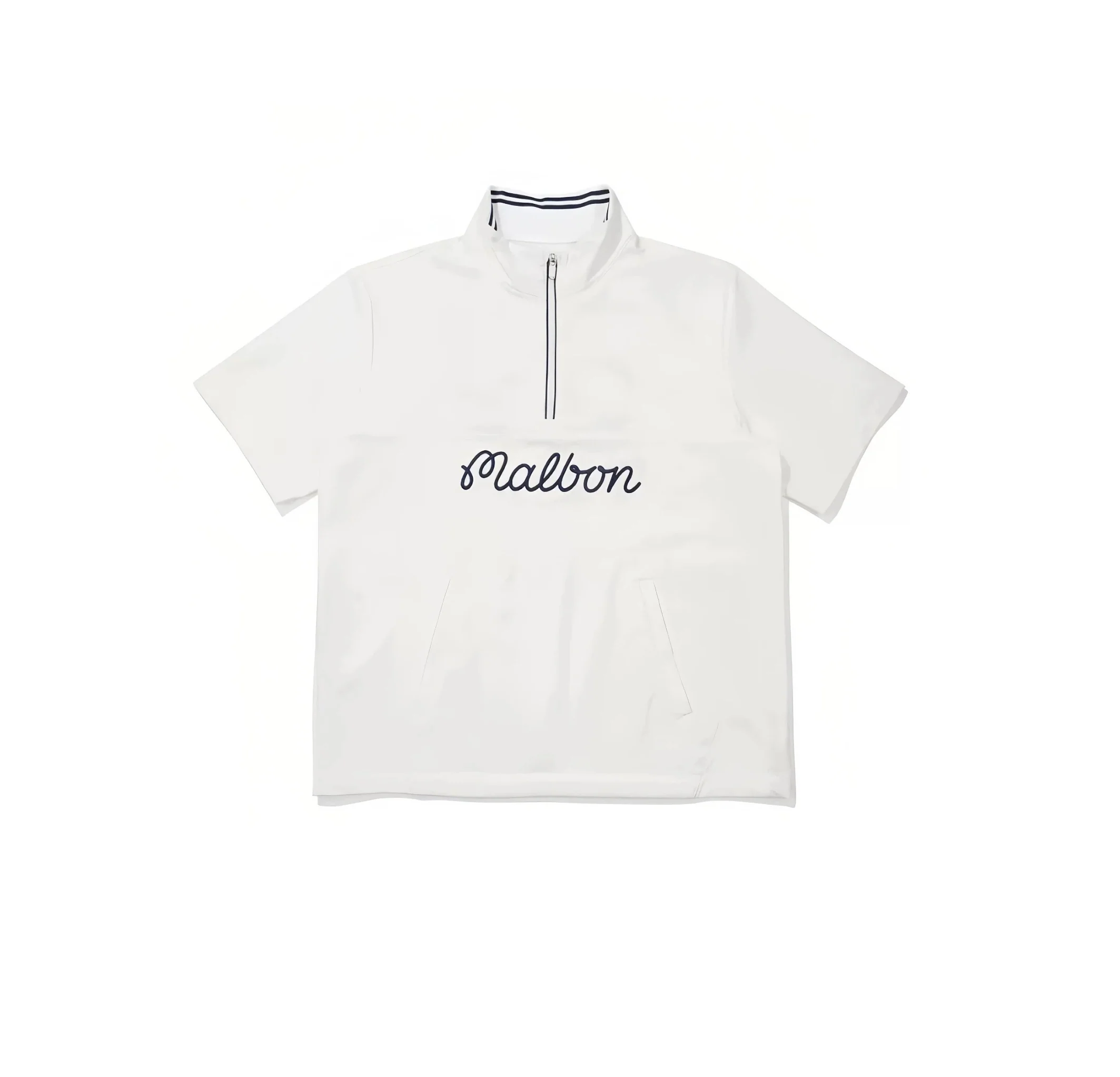 Malbon Men Golf Half Zip Stand Collar Shirt Summer Sport Tee White front view 화이트 골프 의류 정면