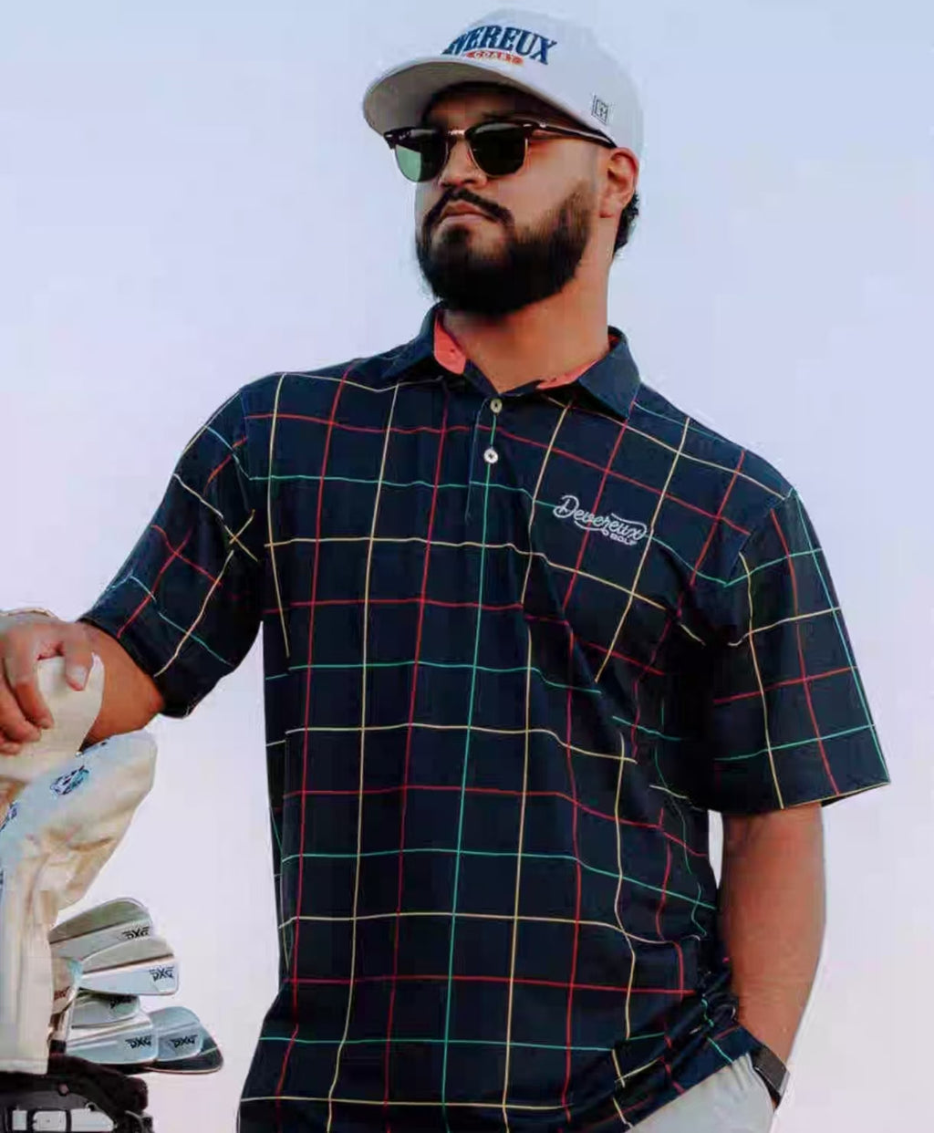 Devereux men’s Navy plaid front model view