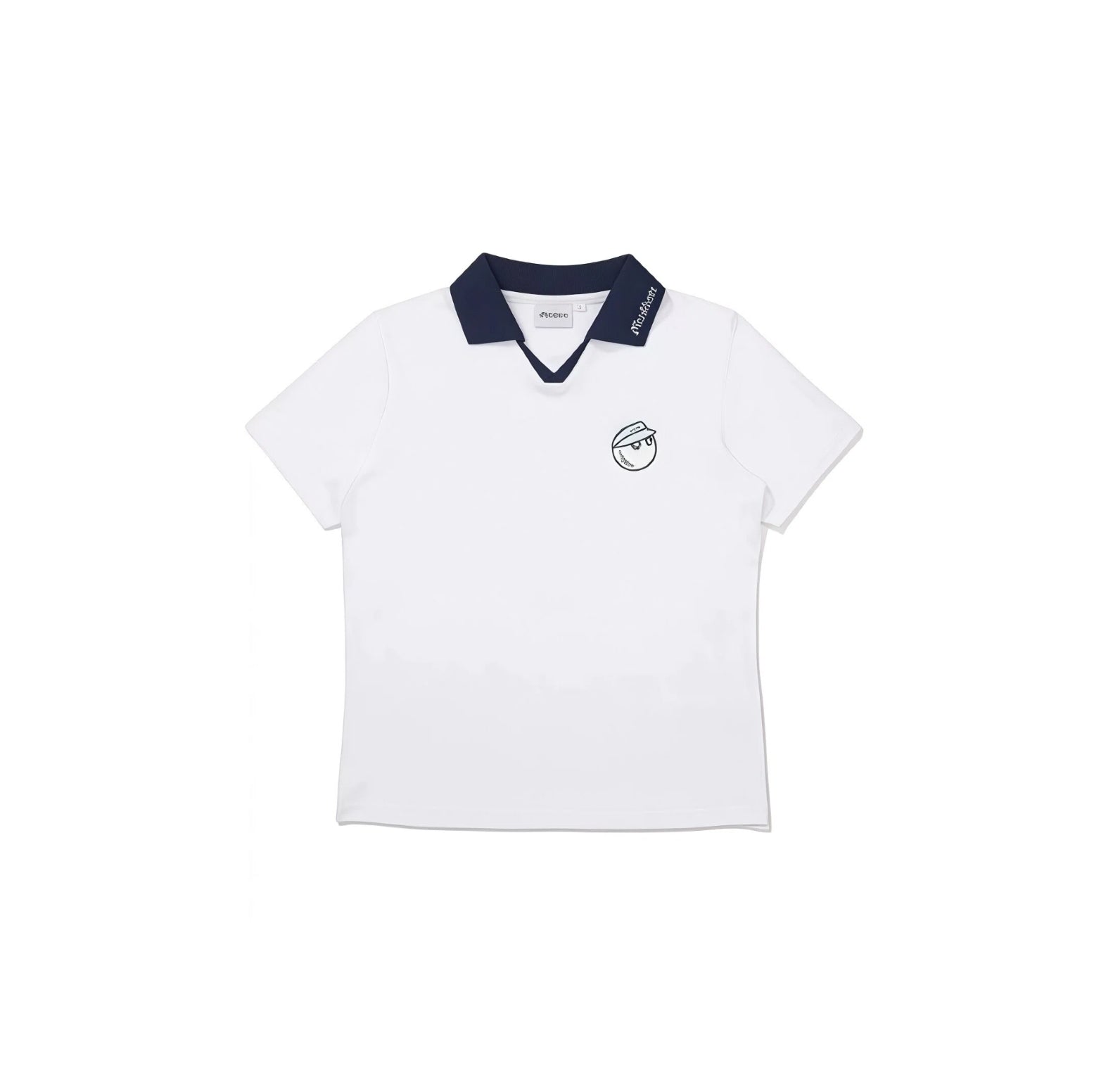 Malbon women's quick-dry cooling golf polo in white with navy V-neck contrast collar and embroidered chest patch