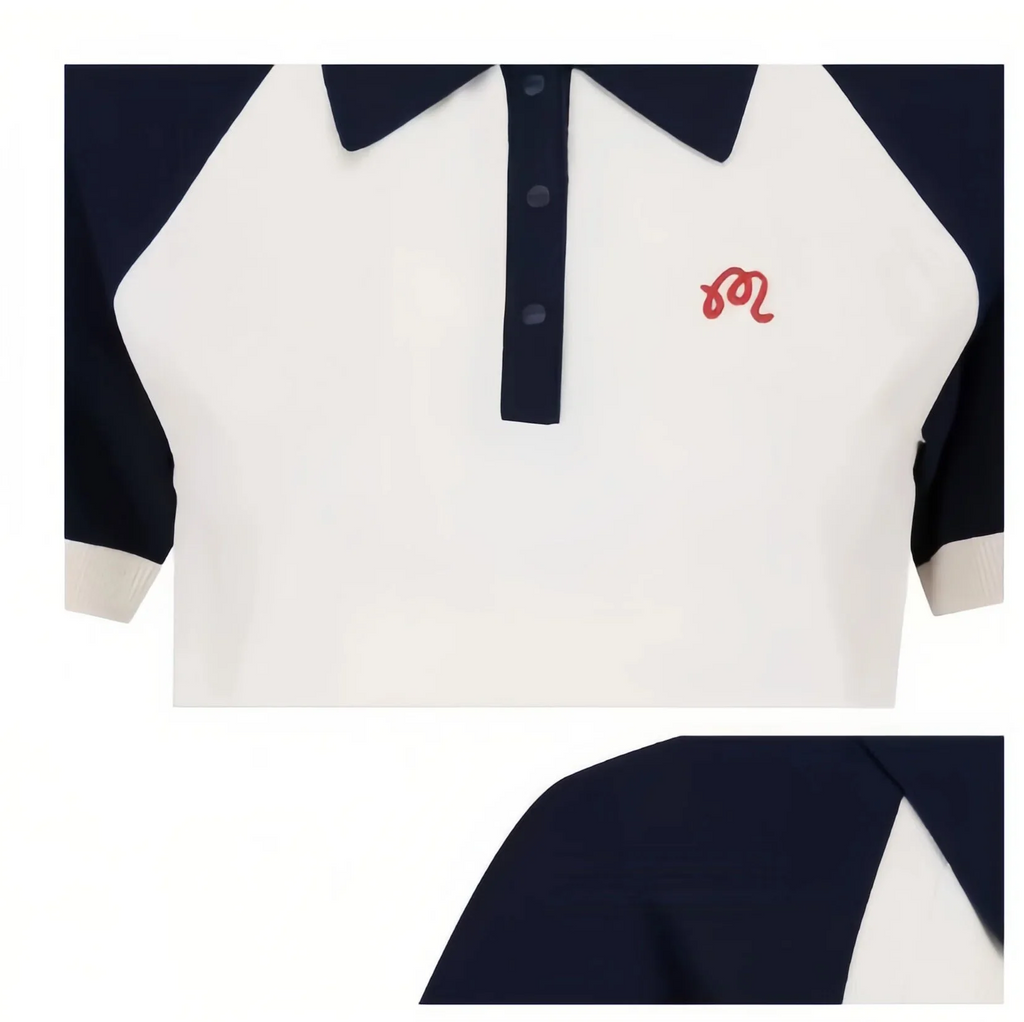 Malbon Women Golf Polo Shirt Colorblock Knit Tee 2026 Black collar and logo detail 블랙 골프 의류 카라와 로고 디테일