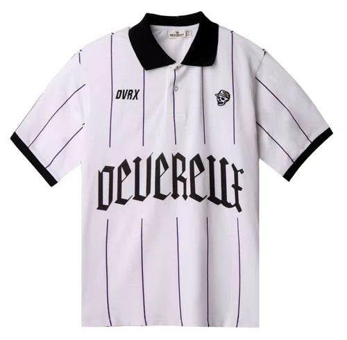 Devereux White and Black striped golf polo front product view
