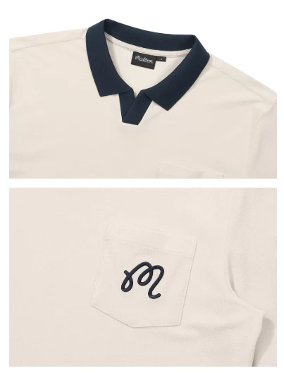 Malbon Men's Colorblock Golf Polo Shirt - Slim Fit Summer Tee Beige collar and logo detail