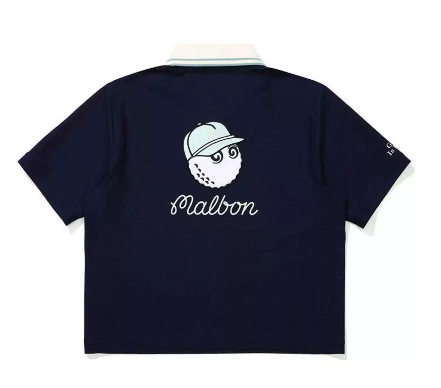 Malbon women golf polo shirt in navy blue back view with golf ball mascot