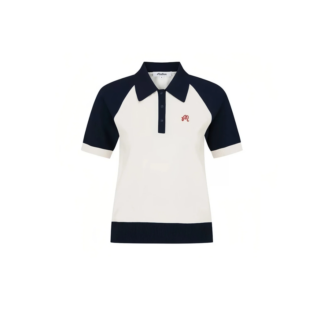 Malbon Women Golf Polo Shirt Colorblock Knit Tee 2026 Black front view 블랙 골프 의류 정면