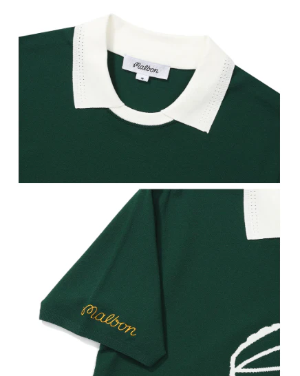 Malbon Women Golf Polo Shirt Knit Casual Tee 2025 Dark Green collar and logo detail 다크 그린 골프 의류 카라와 로고 디테일