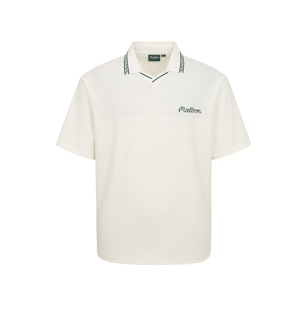 Malbon Golf 남성용 캐주얼 레터 프린트 골프 폴로 셔츠 화이트 정면