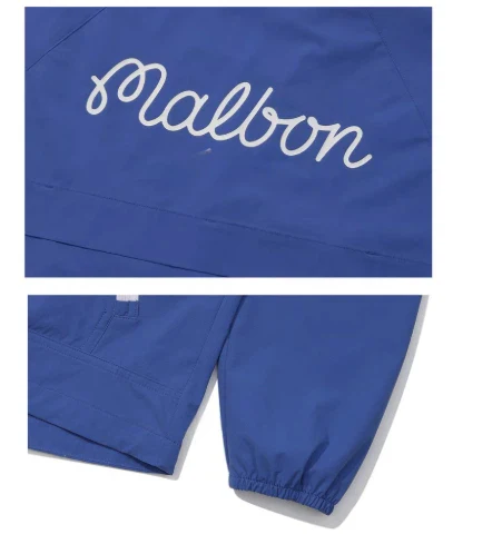 Malbon Women Golf Jacket Detachable Sleeve Hooded Windbreaker Blue logo and trim detail 블루 골프 의류 로고와 마감 디테일