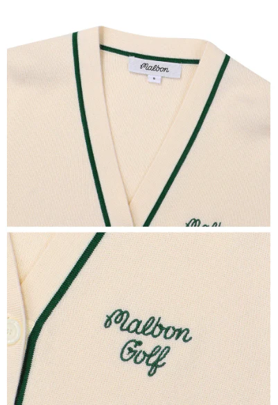Malbon Women Golf Knit Sweater Jacket Warm Casual Outerwear Beige collar and logo detail 베이지 골프 의류 카라와 로고 디테일