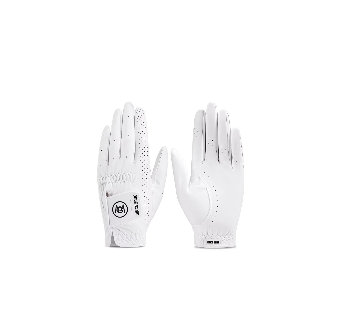 Pair of white women's nano golf gloves, back and palm view with perforated finger panels and logo closure tab