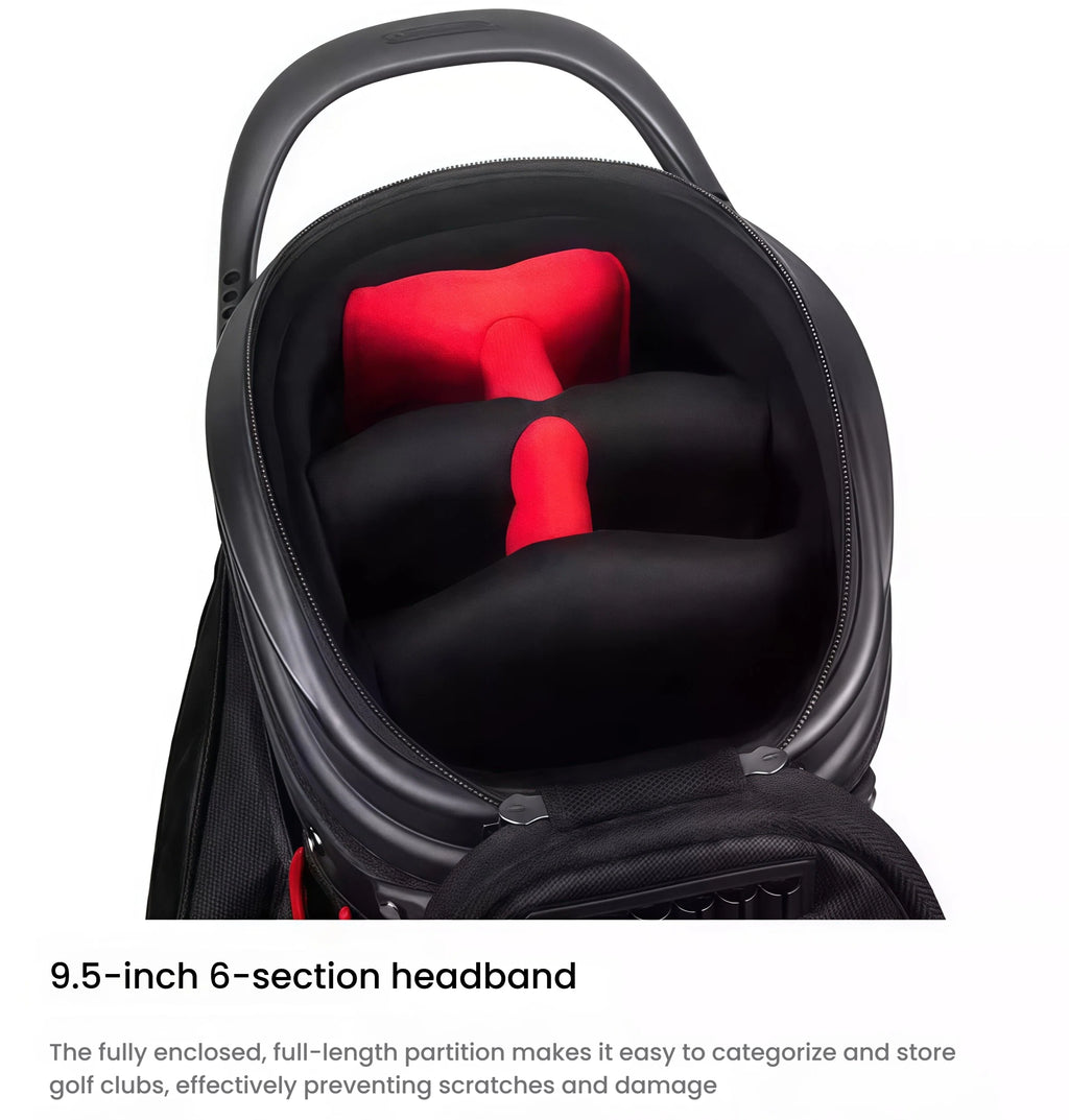 Interior view of the HELIX golf bag’s 9.5-inch 6-section headband with full-length padding, designed to prevent scratches and organize clubs securely.