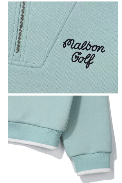 Malbon Women's Half Zip Sweatsuit Set - Embroidered Golf Outfit Mint Green fabric and trim detail 민트 그린 골프 의류 원단과 트림 디테일