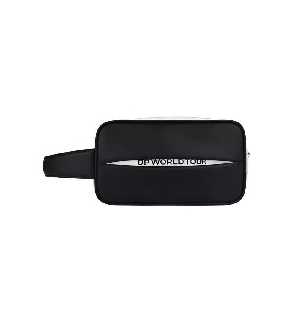 Back side of the European Tour golf pouch displaying the "DP WORLD TOUR" text in white against a black background. Minimalist and professional design for golf enthusiasts.