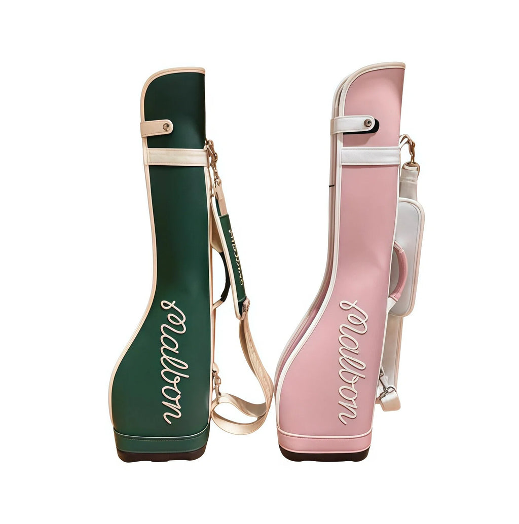 Back view of green and pink Malbon Golf Sunday bags showing branded shoulder straps and clean stitching. Designed for comfort and fashion during play.