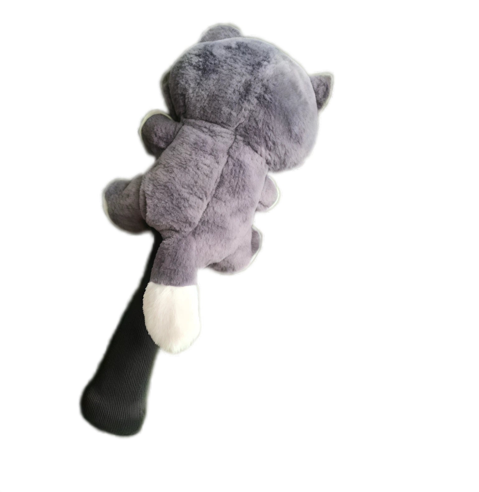 Rear view of the plush cat golf headcover showing its soft gray back, fluffy tail with white tip, and full-body construction for snug club protection.