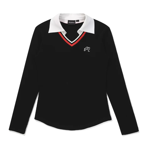 Malbon 여성용 Moisture-Wicking Long Sleeve Golf Polo 블랙 긴팔 골프 폴로 정면 이미지