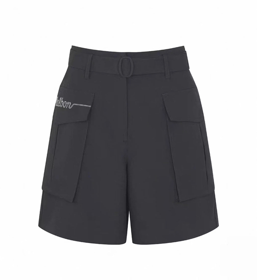 Malbon Women's Breathable Cargo Golf Shorts Black cargo golf shorts front view