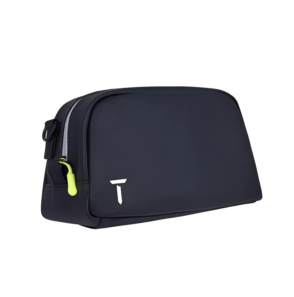 Side view of the black European Tour accessory pouch featuring a minimalist white "T" logo, neon yellow zipper pull, and sleek synthetic material. Ideal for travel, gym, or daily use.