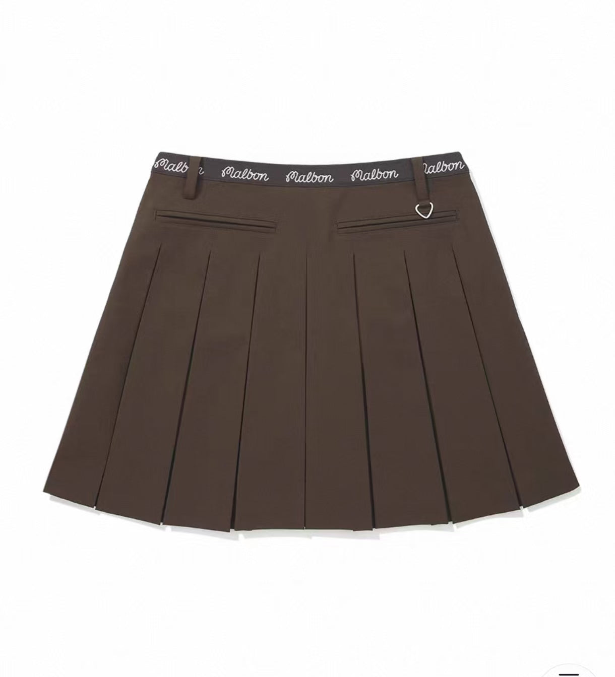 Malbon Studio Seoul High-Low Pleated Skirt Brown pleated golf skirt detail view