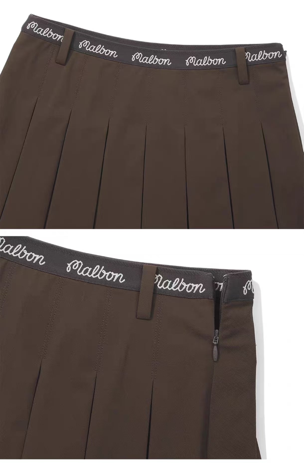 Malbon Studio Seoul High-Low Pleated Skirt Brown pleated golf skirt detail view