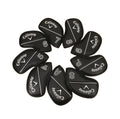 Premium black leather Callaway iron headcovers displayed in flower pattern — each cover features embroidered Callaway logo and club number/letter (4,5,6,7,8,9,P,S,A) — ideal for protecting forged or cavity back irons