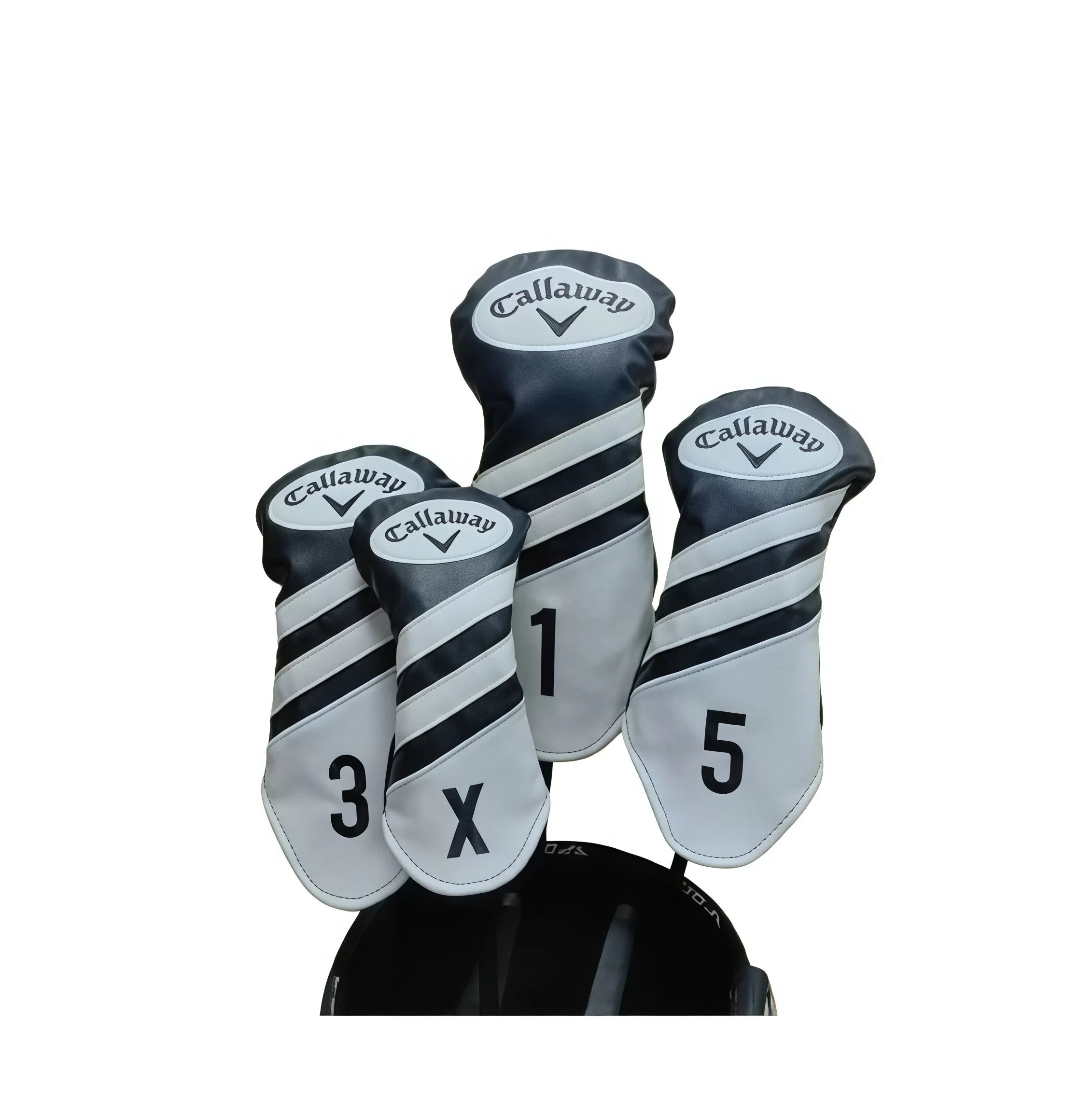 Sleek black-and-white Callaway wood headcover set displayed on golf bag — includes driver (1), 3-wood, 5-wood, and hybrid (X) covers; showcases bold contrast stitching, clean branding, and durable synthetic leather construction for scratch-free storage