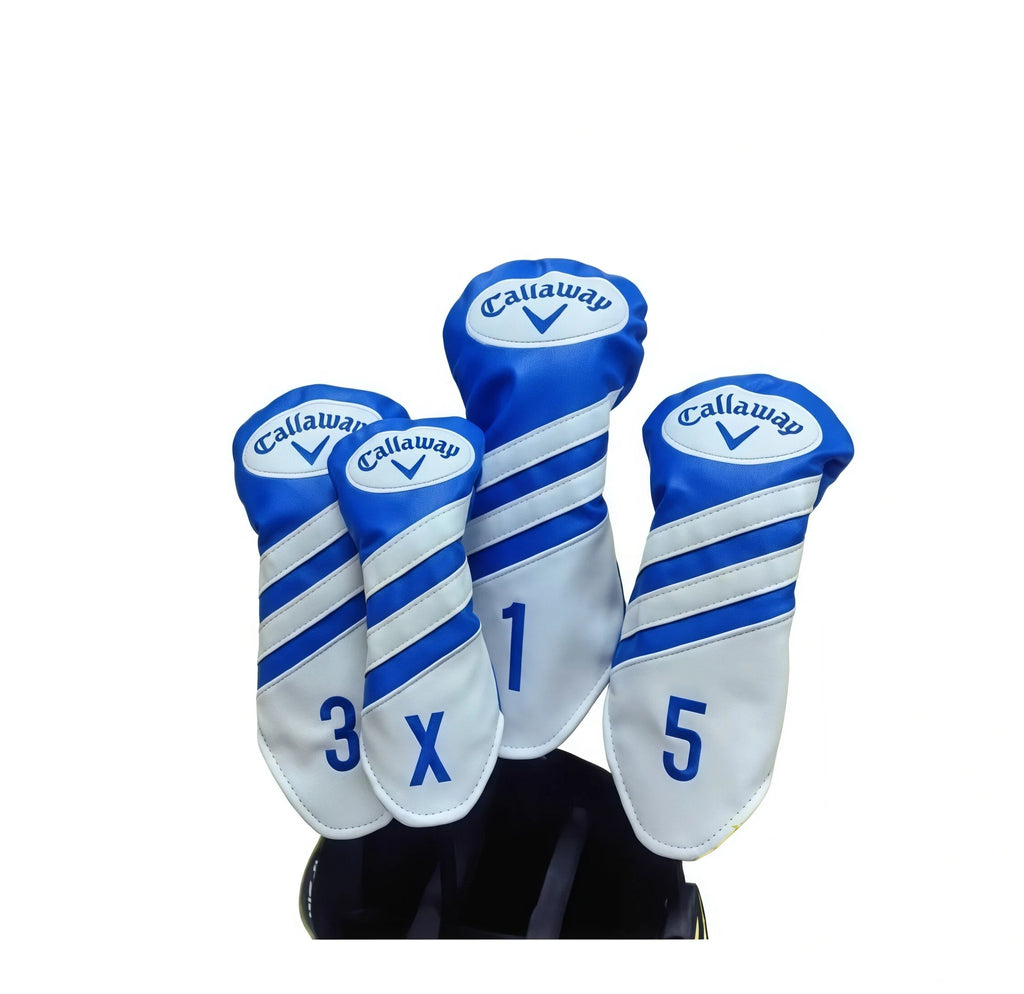 Set of 4 Callaway golf wood headcovers in classic blue and white with diagonal stripes — labeled 1 (driver), 3, 5, and X (hybrid); features embroidered “Callaway” logo, premium PU leather texture, and snug fit for maximum club protection during play or travel