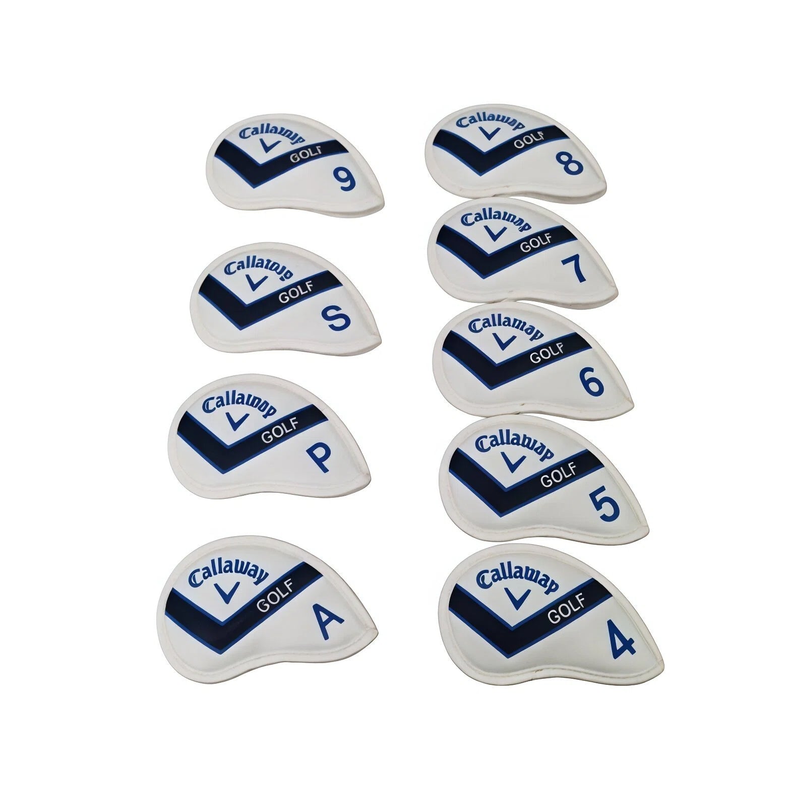 White Callaway golf iron covers with navy “GOLF” chevron branding — shown in two columns, labeled 4 through A wedge — lightweight, snug-fit design prevents slipping and keeps clubs organized on the course or in travel bags