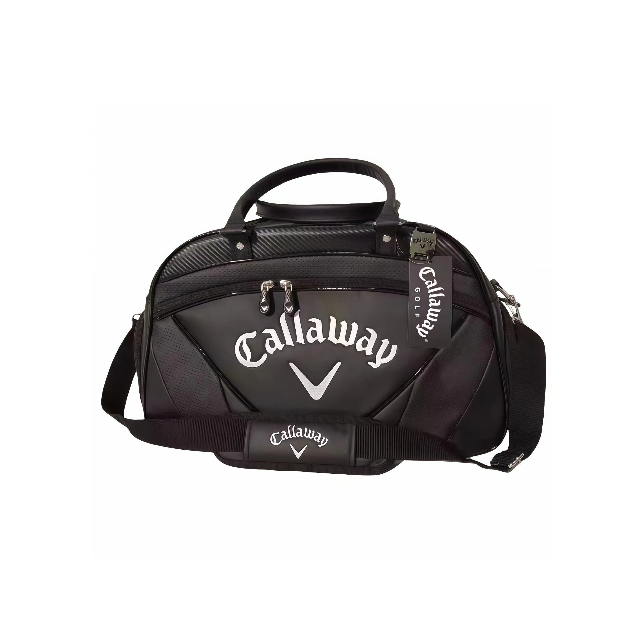 Black Callaway Exia Premium Golf Boston Bag with silver "Callaway" logo and carbon-fiber-style texture. Includes top handles, detachable shoulder strap, and brand tag. Designed for luxury and performance.