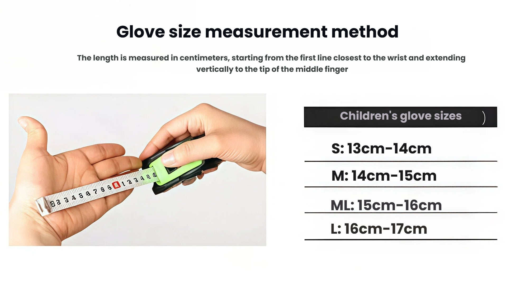 Callaway junior golf glove size chart for children, with measurement instructions (S: 13-14cm, M: 14-15cm, ML: 15-16cm, L: 16-17cm).